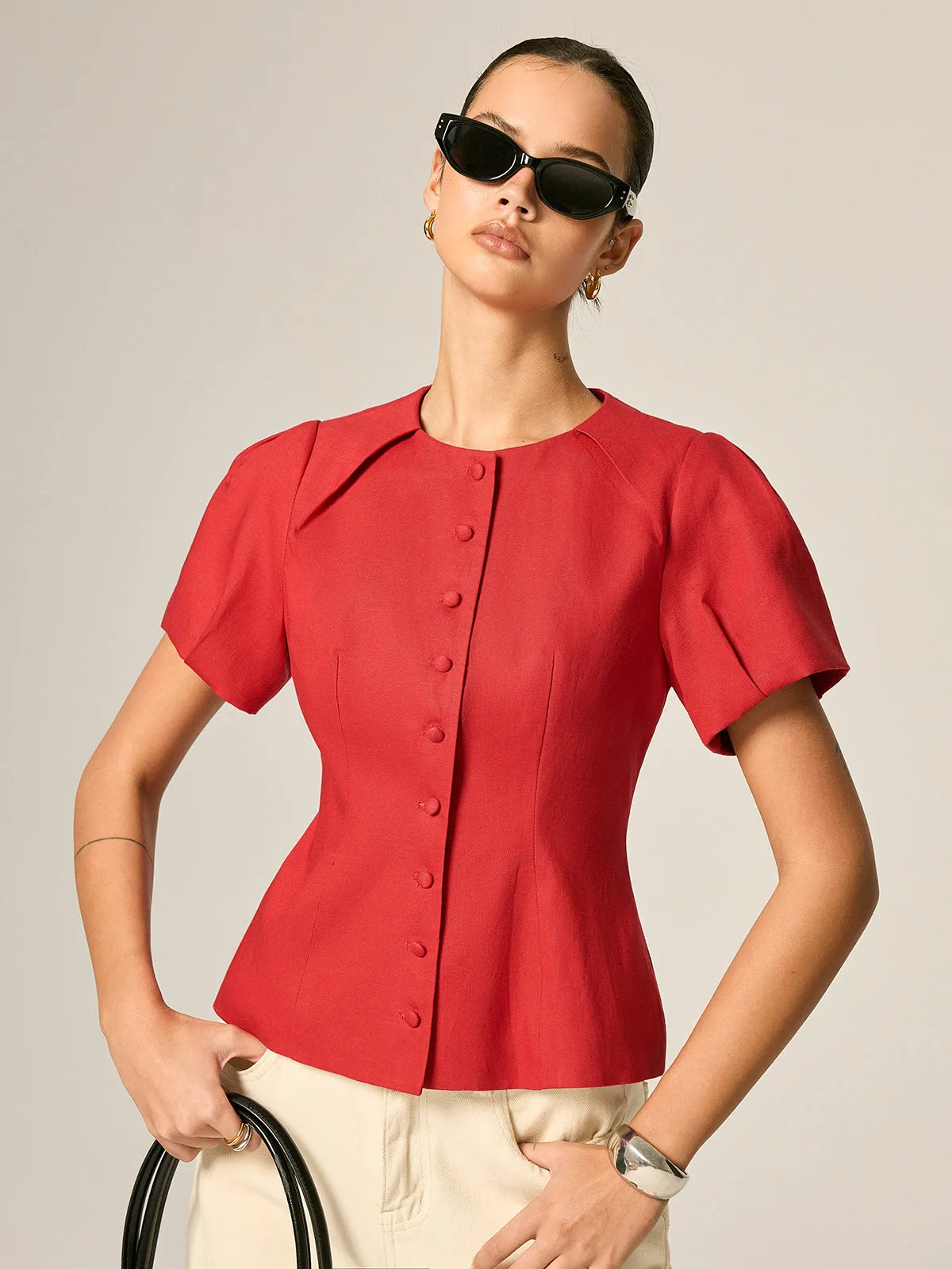 Puff Sleeve Fitted Linen Blend Blouse sold by COMMENSE product image thumbnail 2