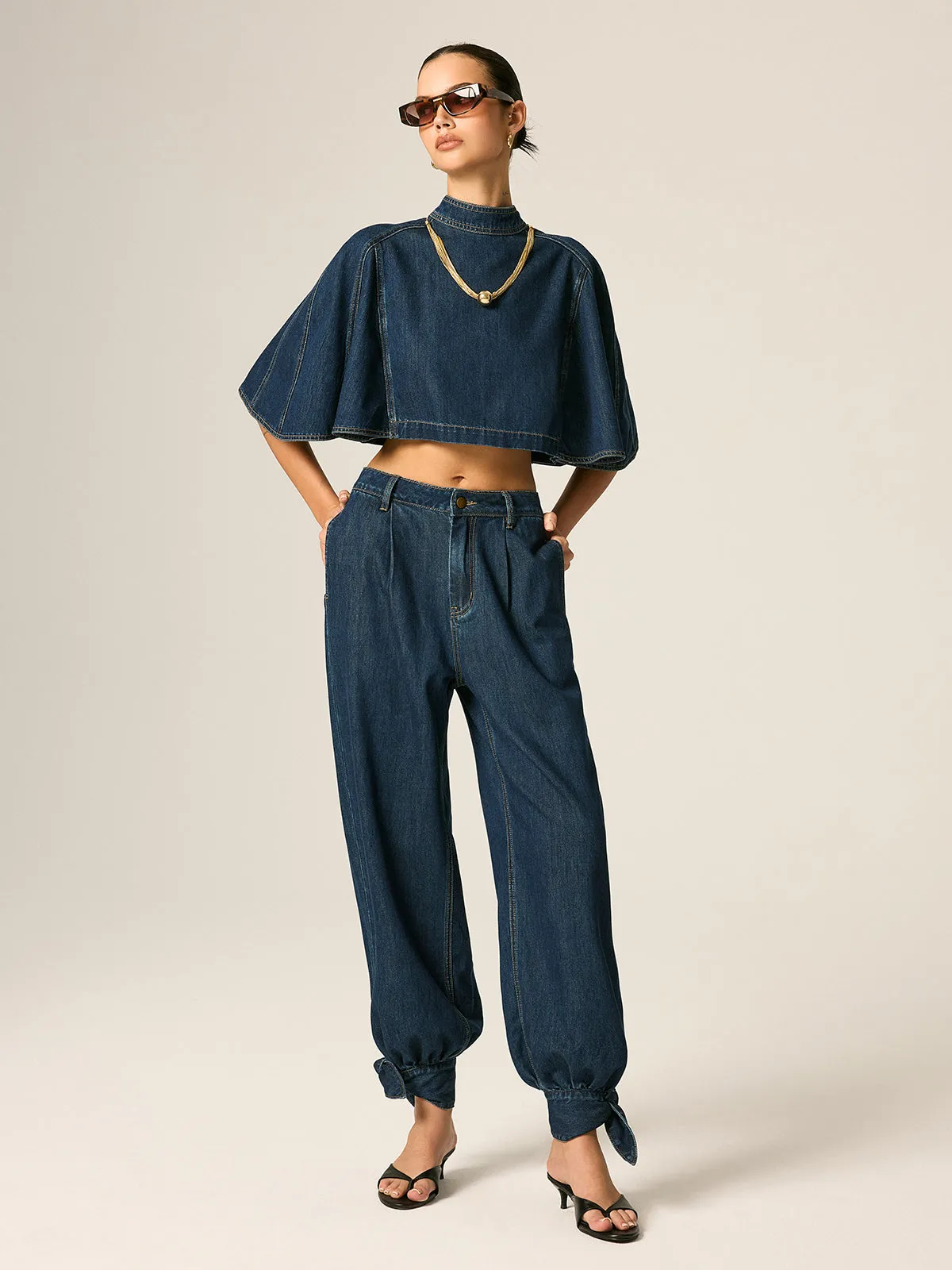Cape Sleeve Back Zipper Cropped Denim Top sold by COMMENSE product image thumbnail 3