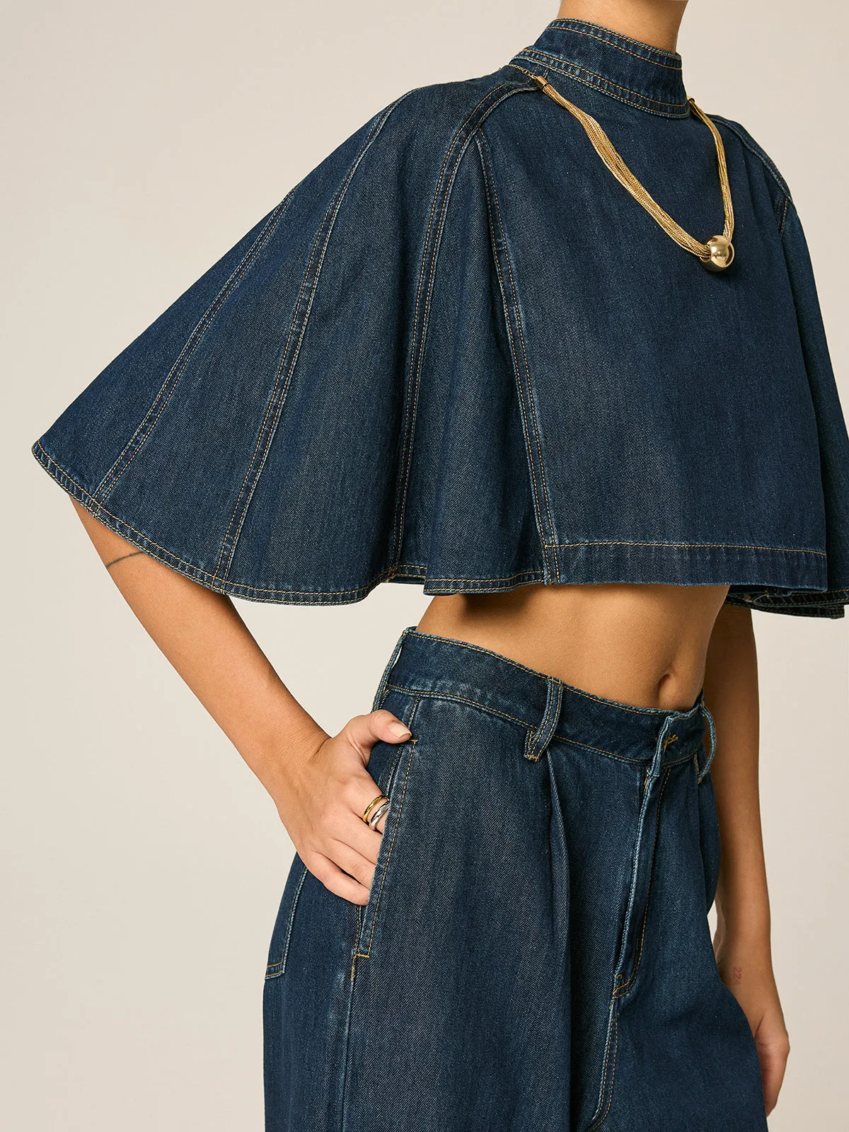 Cape Sleeve Back Zipper Cropped Denim Top sold by COMMENSE product image thumbnail 4