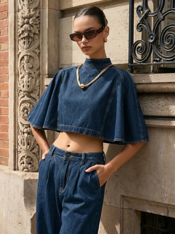 Cape Sleeve Back Zipper Cropped Denim Top made by COMMENSE