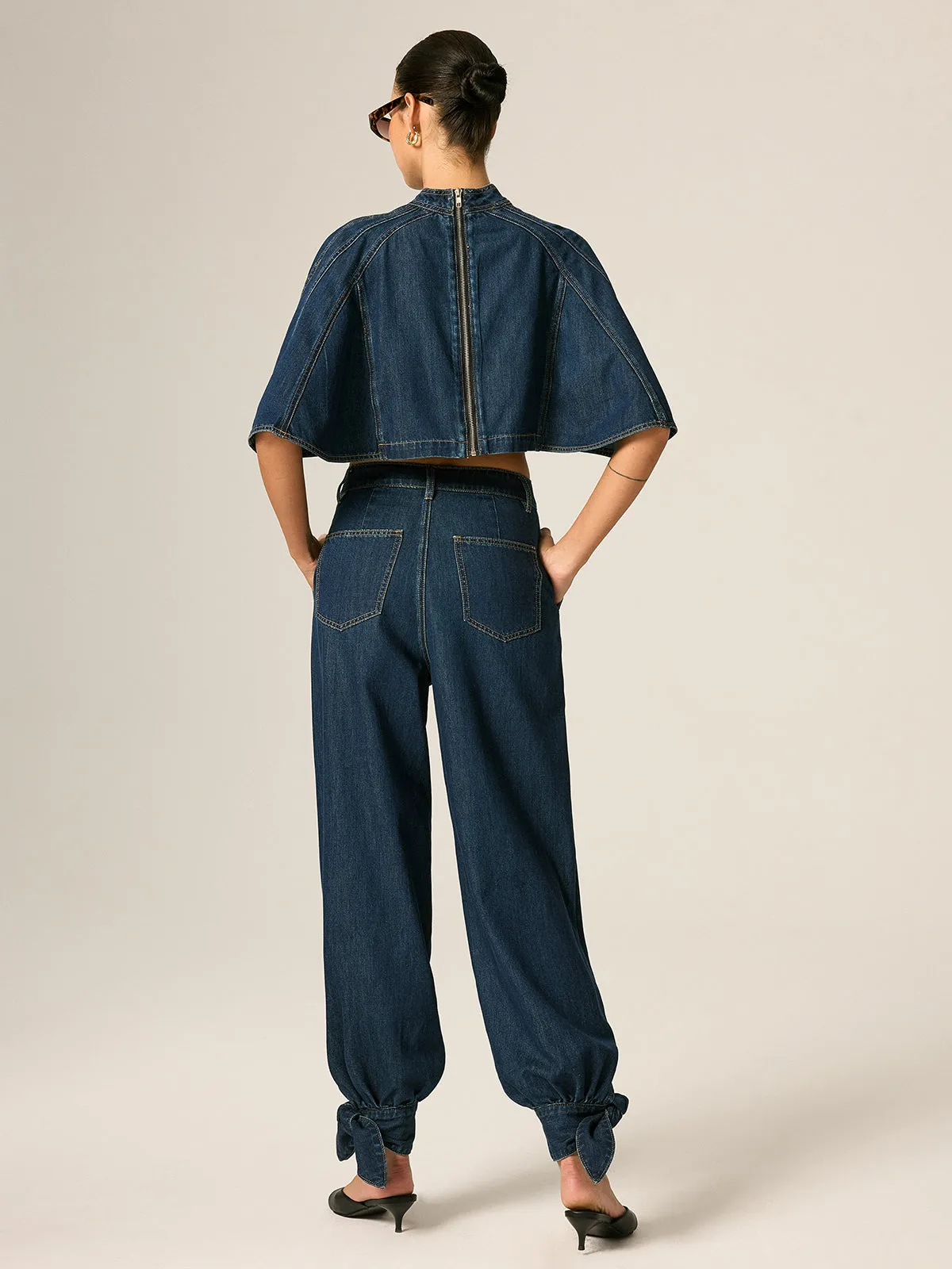 Cape Sleeve Back Zipper Cropped Denim Top sold by COMMENSE product image thumbnail 5