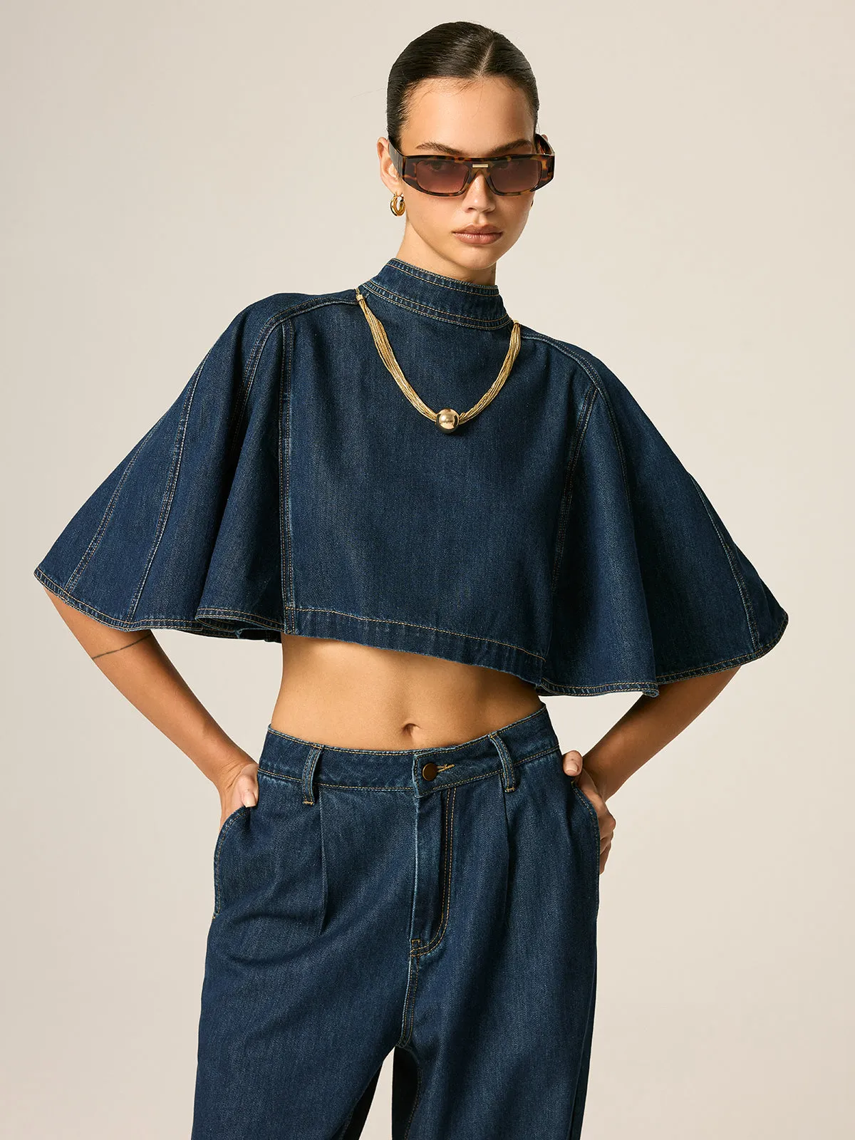 Cape Sleeve Back Zipper Cropped Denim Top sold by COMMENSE product image thumbnail 2