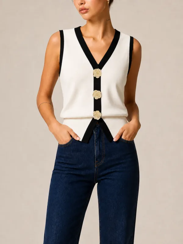 Rose Button Color Block Knit Vest made by COMMENSE