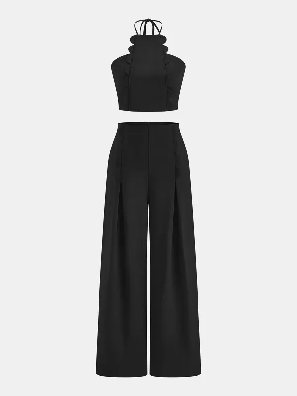 Scalloped Halter Crop Top & Pants Set made by COMMENSE