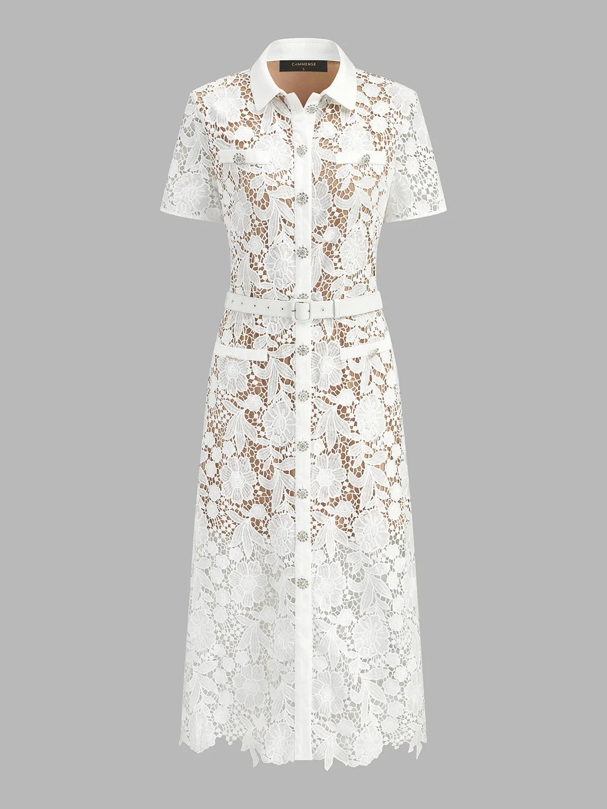 Belted Guipure Lace Shirt Midi Dress sold by COMMENSE product image thumbnail 2