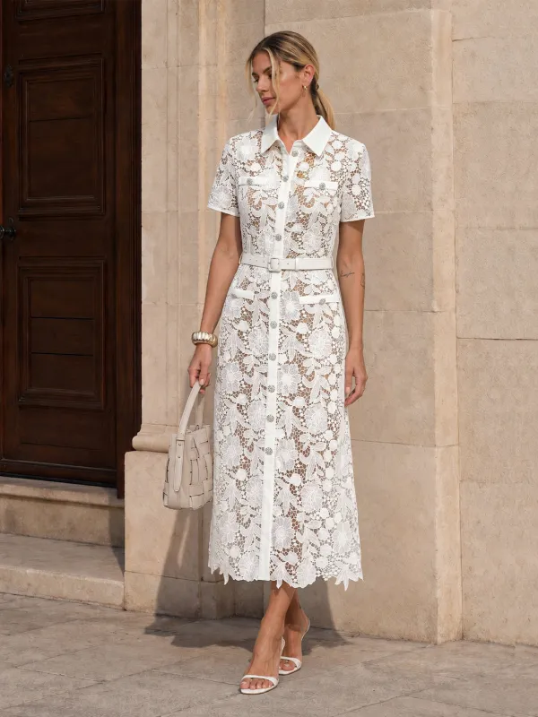 Belted Guipure Lace Shirt Midi Dress made by COMMENSE