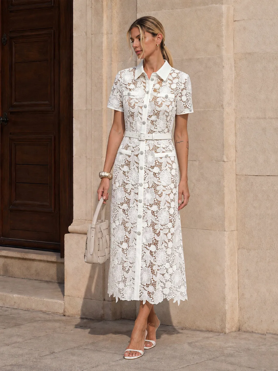 Belted Guipure Lace Shirt Midi Dress sold by COMMENSE