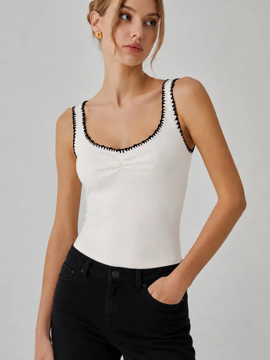 Contrast Stitch Ribbed Knit Tank Top sold by COMMENSE