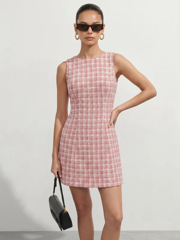 Tweed Check Cutout Back Sleeveless Mini Dress made by COMMENSE