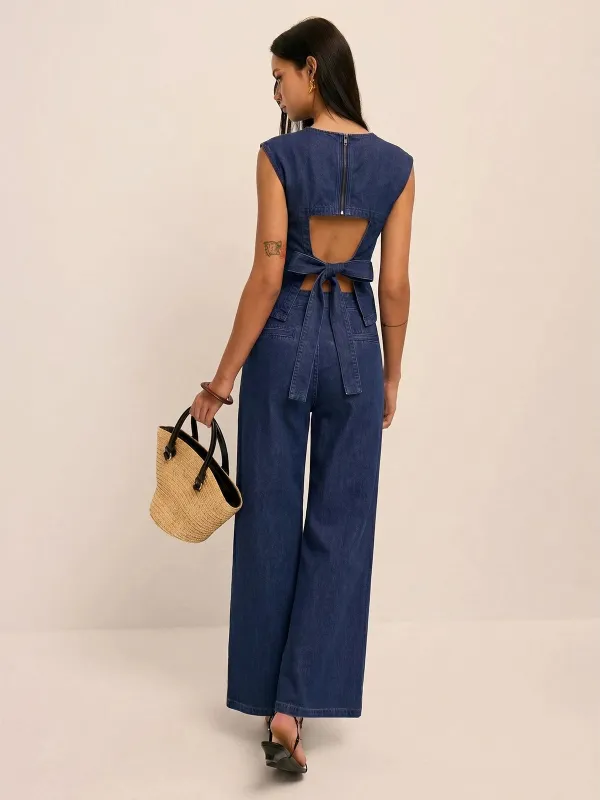 Back Bow Cutout Sleeveless Denim Two Piece Set made by COMMENSE