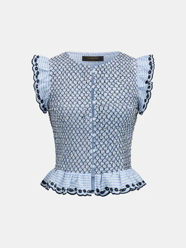 Smocked Grid Embroidered Peplum Blouse made by COMMENSE