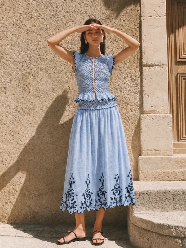 Smocked Waist Grid Embroidered Maxi Skirt made by COMMENSE