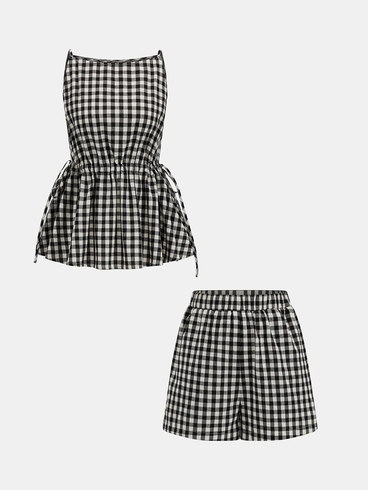 Gingham Drawstring Peplum Top & Shorts Set sold by COMMENSE product image thumbnail 2