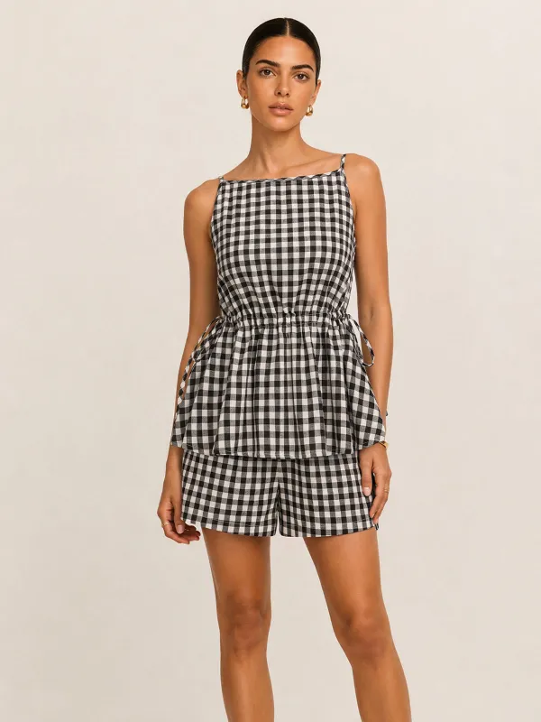 Gingham Drawstring Peplum Top & Shorts Set made by COMMENSE