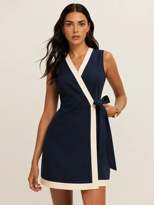 Contrast Trim Wrap Tie Sleeveless Cotton Dress made by COMMENSE