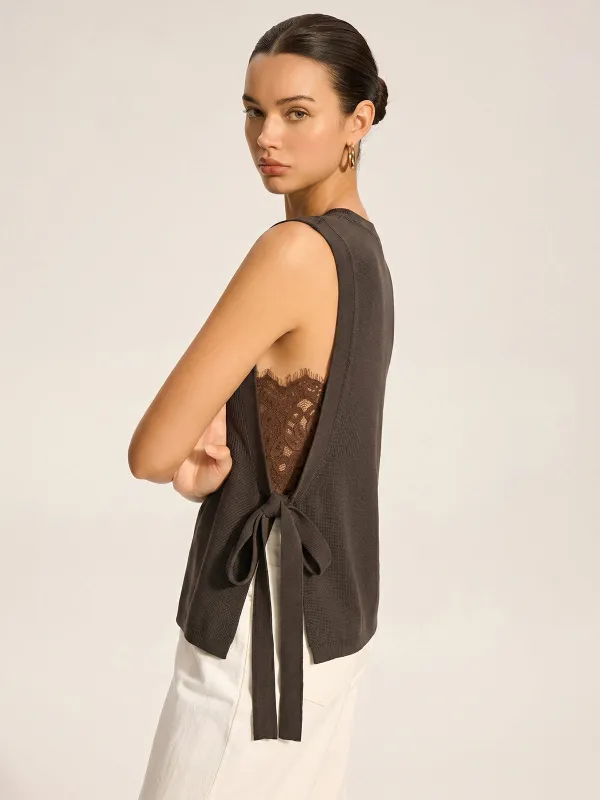 Side Tie Lace Panel Knit Sleeveless Vest made by COMMENSE