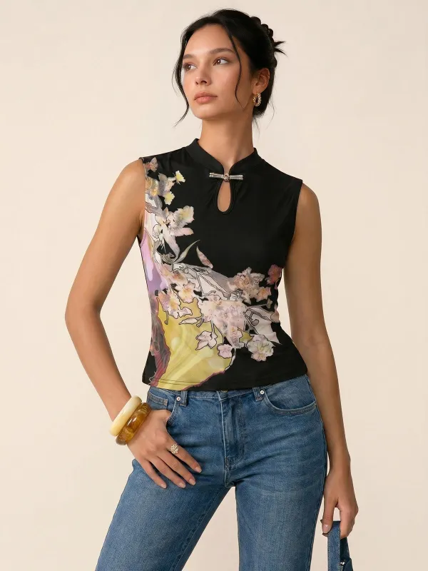 Keyhole Metal Buckle Floral Print Mesh Top made by COMMENSE