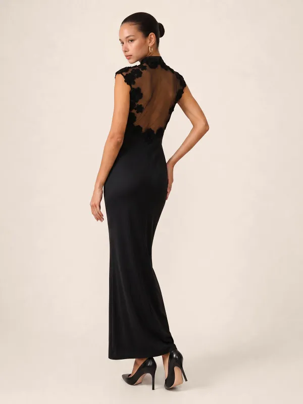 Floral Appliqué Sheer Back Mandarin Collar Maxi Dress made by COMMENSE