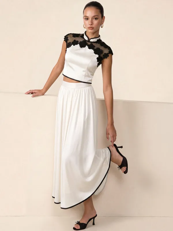 Contrast Floral Appliqué Mandarin Collar Top & Midi Skirt Set made by COMMENSE