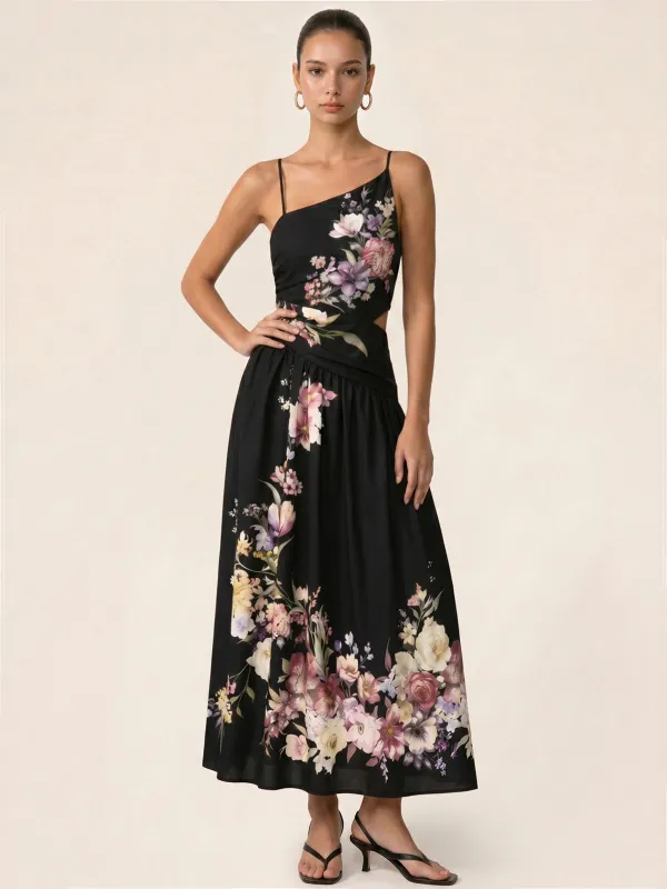 Asymmetric Cutout Floral Slip Midi Dress made by COMMENSE