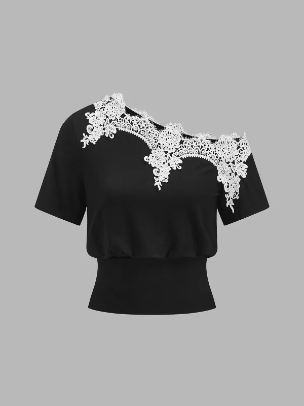 Floral Lace Trim Dolman Top made by COMMENSE