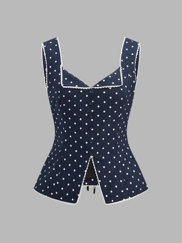 Polka Dot Lace Trim Button Front Vest made by COMMENSE