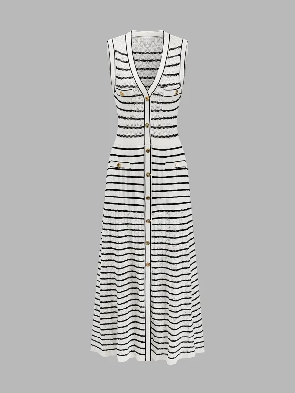 Striped Button-Front Knit Midi Dress made by COMMENSE