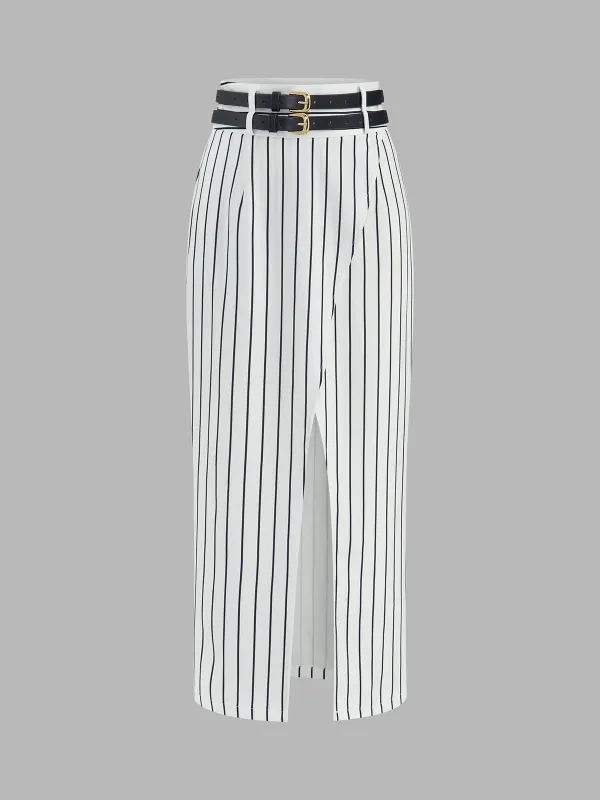 Double Belt Pinstripe Slit Midi Skirt made by COMMENSE