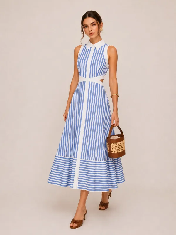 Striped Cut-Out Shirt Midi Dress made by COMMENSE