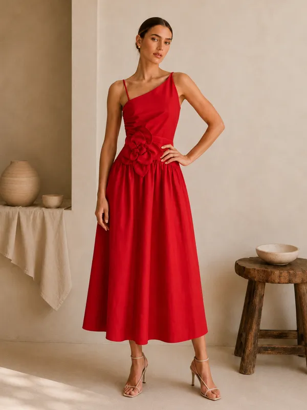 Floral Appliqué One-Shoulder Midi Dress made by COMMENSE