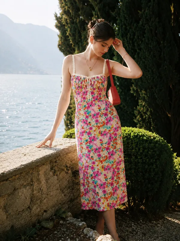 Lace Strap Tie Front Floral Midi Dress made by COMMENSE