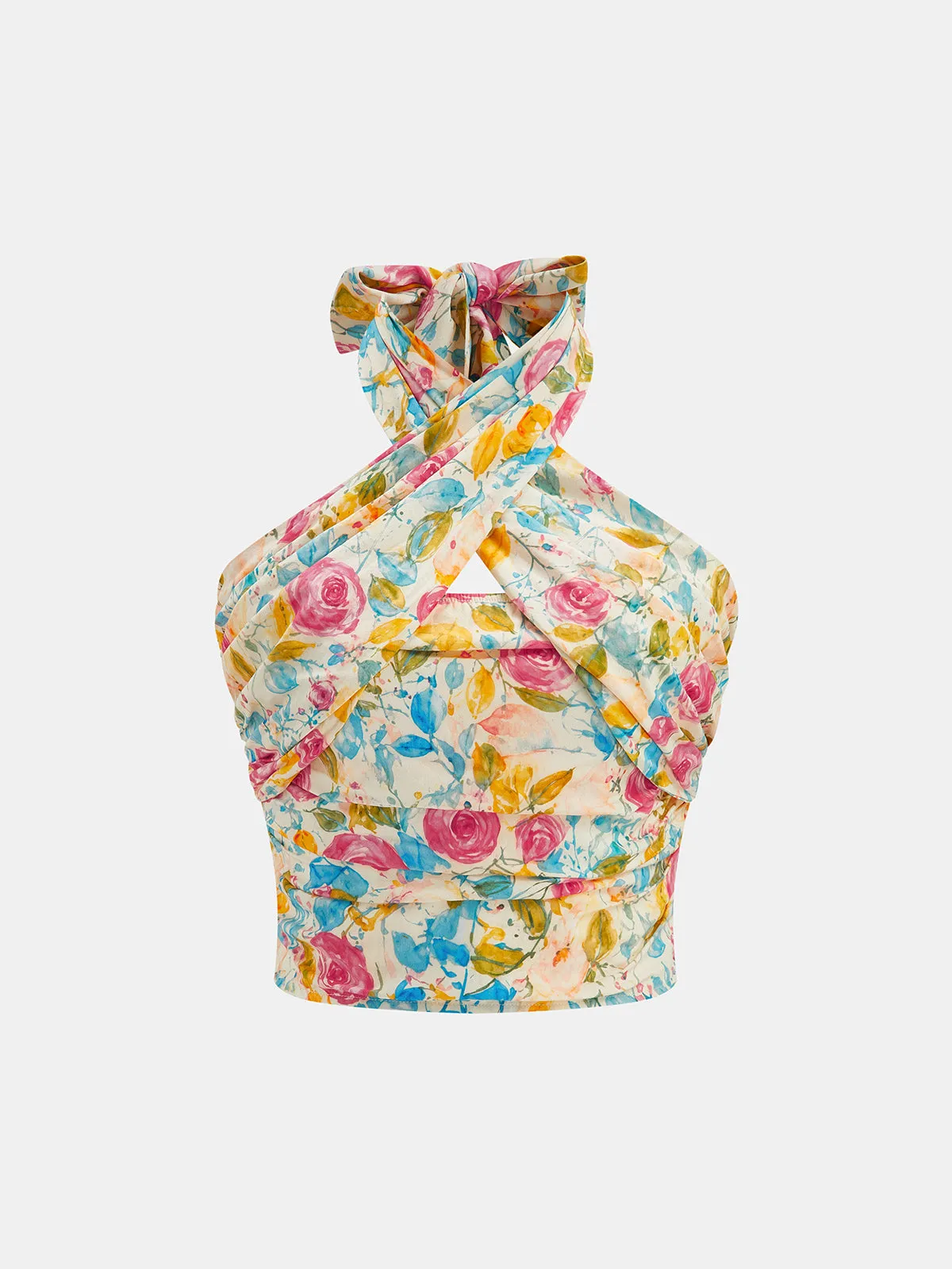 Crisscross Halter Floral Ruched Crop Top sold by COMMENSE