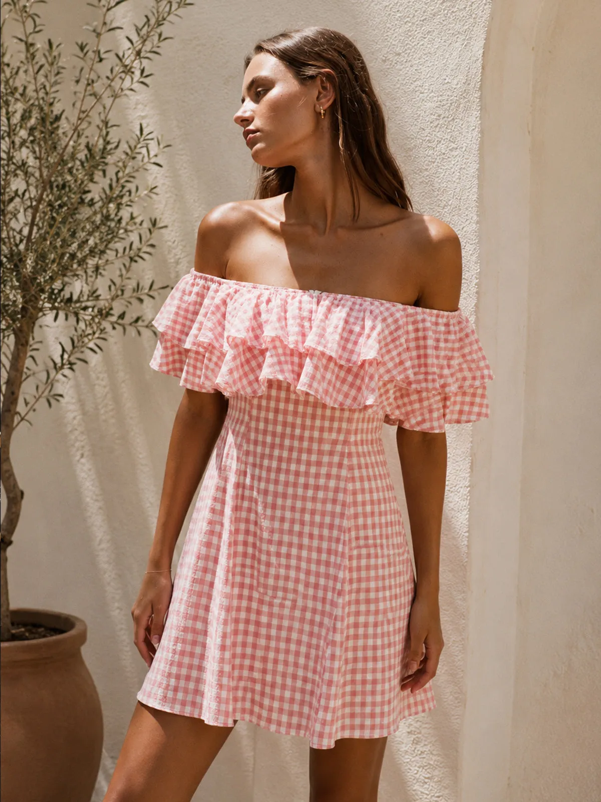 Off Shoulder Ruffle Gingham Mini Dress sold by COMMENSE