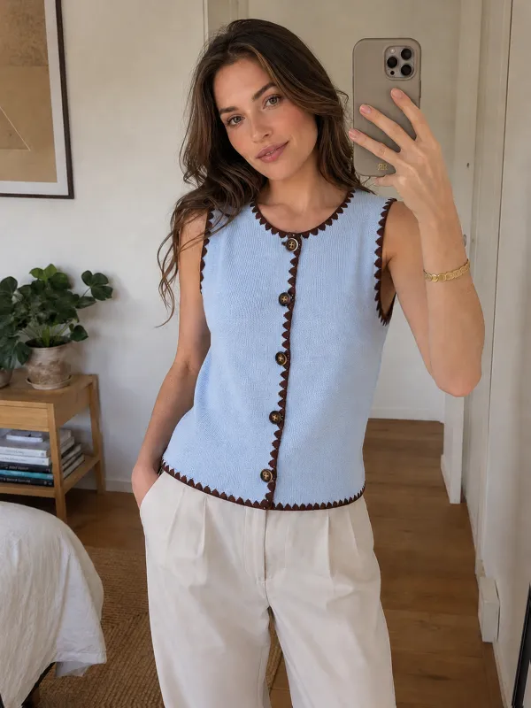 Contrast Trim Button Down Knit Vest made by COMMENSE