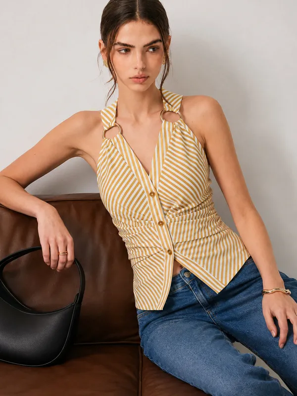 Ring Detail Striped Sleeveless Top made by COMMENSE