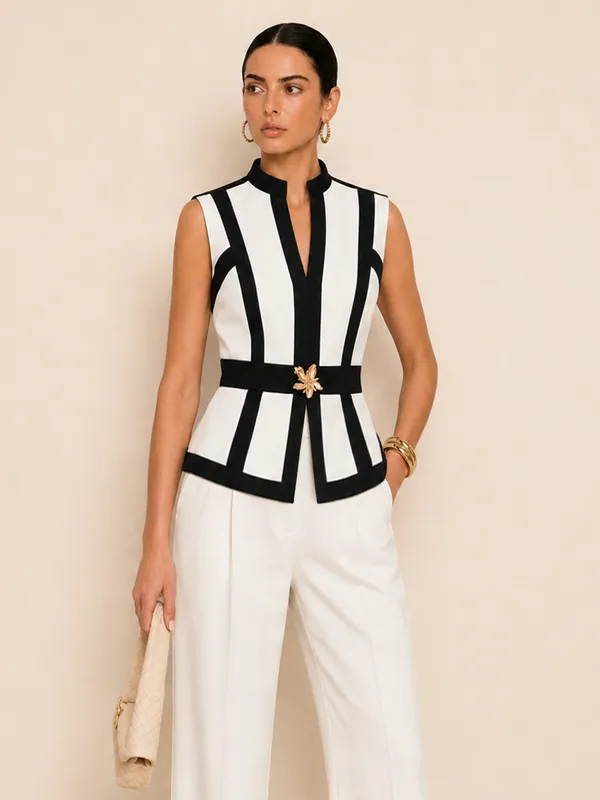 Stand Collar Color Block Metal Decor Vest made by COMMENSE