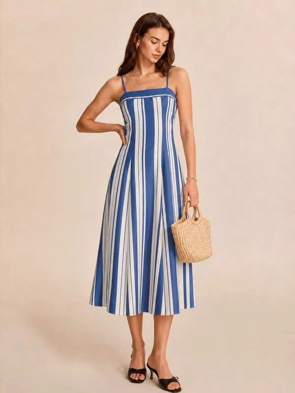 Striped Adjustable Strap Midi Sundress made by COMMENSE