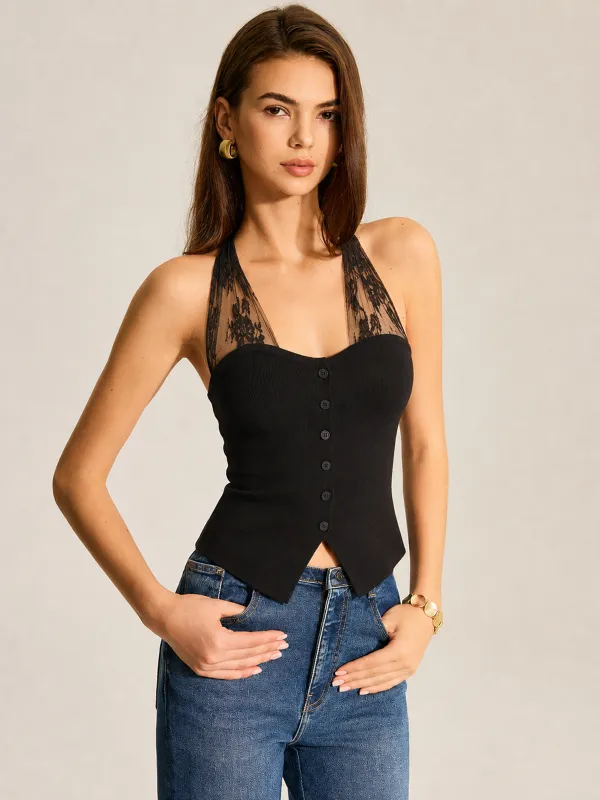 Lace Halter Button Front Knit Tank Top made by COMMENSE