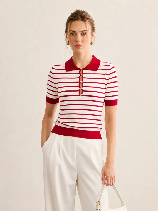 Striped Polo Knit Short Sleeve Top made by COMMENSE