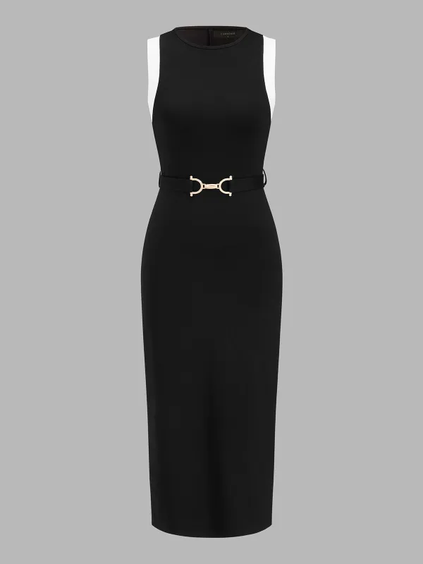 Color Block Belted Sleeveless Midi Dress made by COMMENSE
