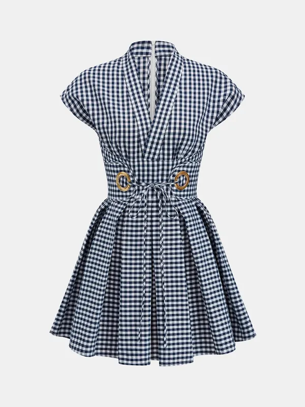 V-Neck Check Belted Mini Swing Dress made by COMMENSE
