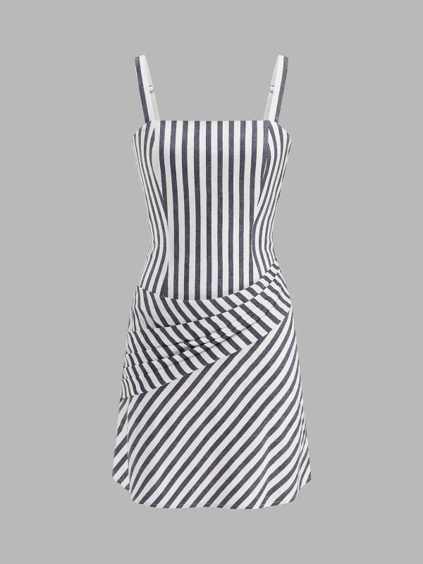 Striped Ruched Linen Blend Mini Dress made by COMMENSE
