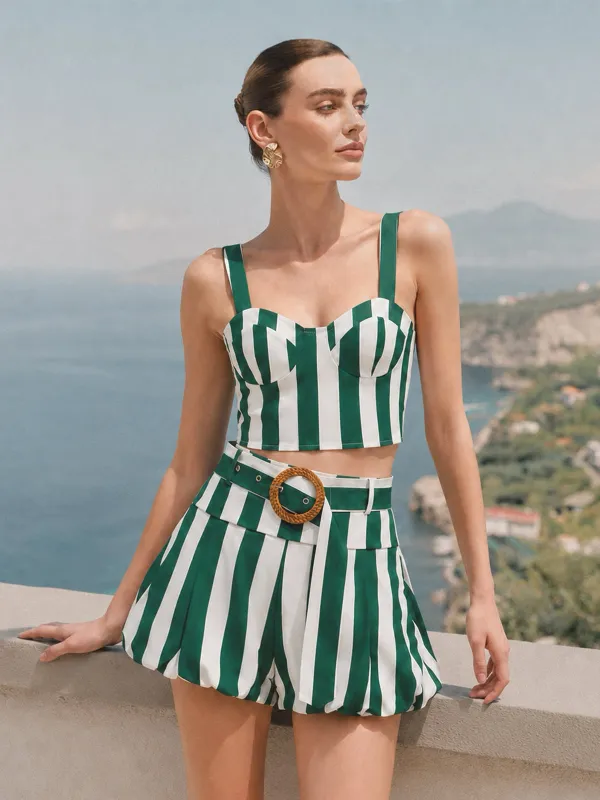 Striped Bustier Top & Belted Shorts Set made by COMMENSE