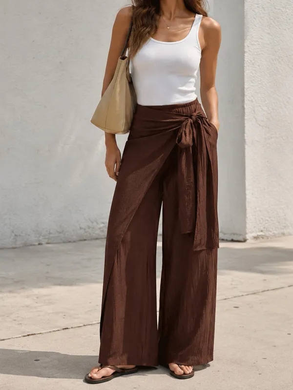 Wrap Tie Crinkle Wide Leg Pants made by COMMENSE