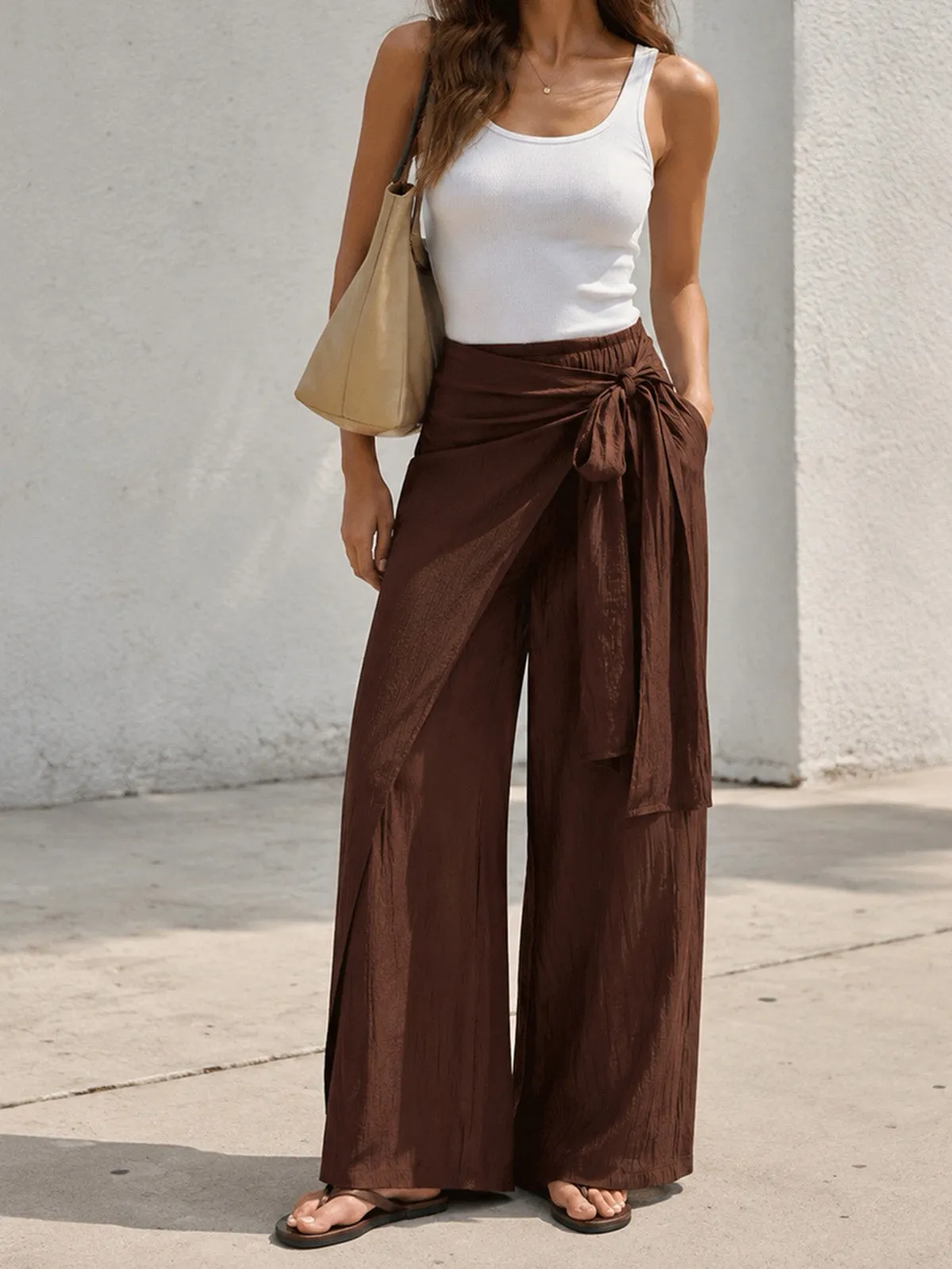 Wrap Tie Crinkle Wide Leg Pants sold by COMMENSE