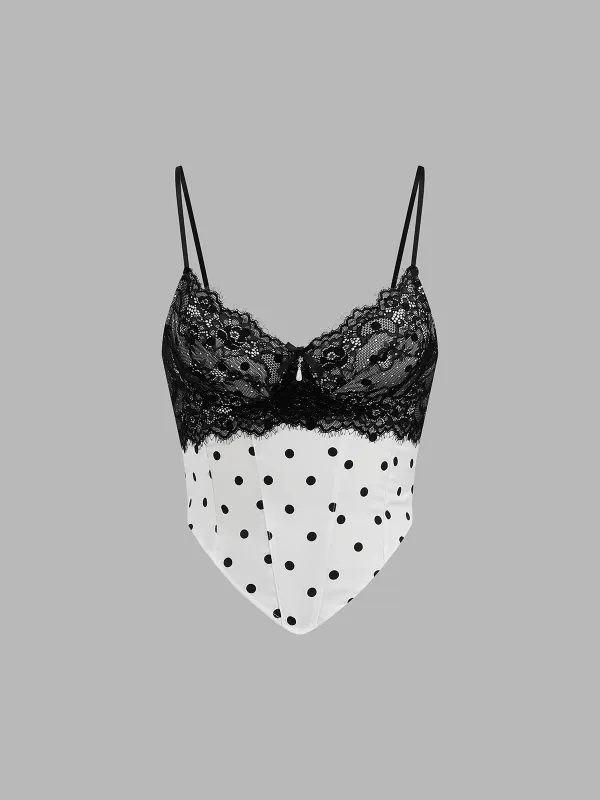 Lace Polka Dot Irregular Hem Cami Top made by COMMENSE