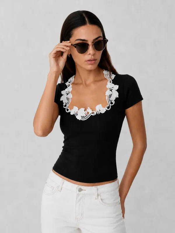 Embroidery Fitted Short Sleeve Top made by COMMENSE
