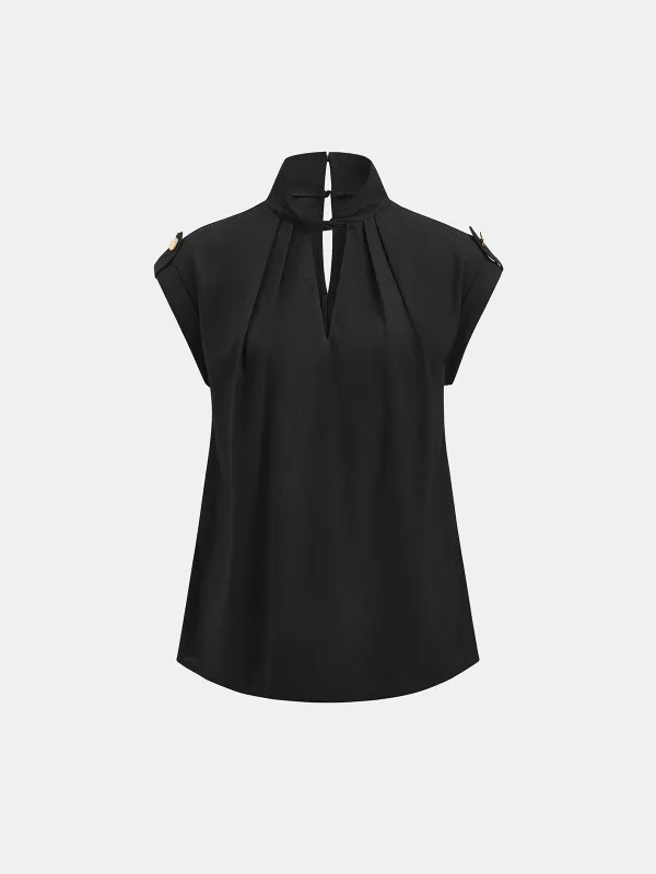 Keyhole Neck Cotton Linen Blouse made by COMMENSE
