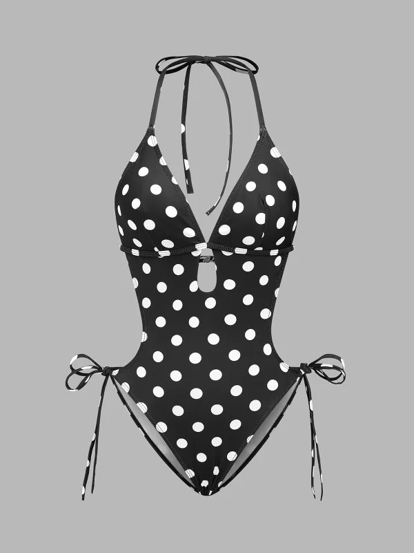Polka Dot Halter Cutout One Piece Swimsuit made by COMMENSE