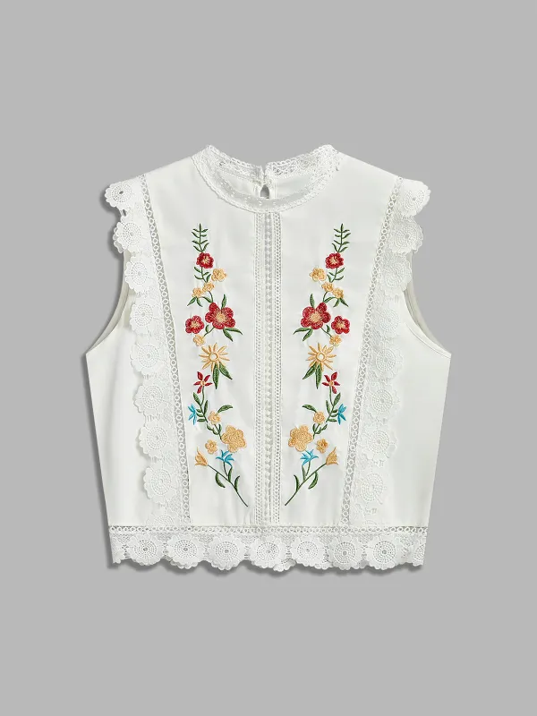 Floral Embroidery Lace Trim Sleeveless Blouse made by COMMENSE